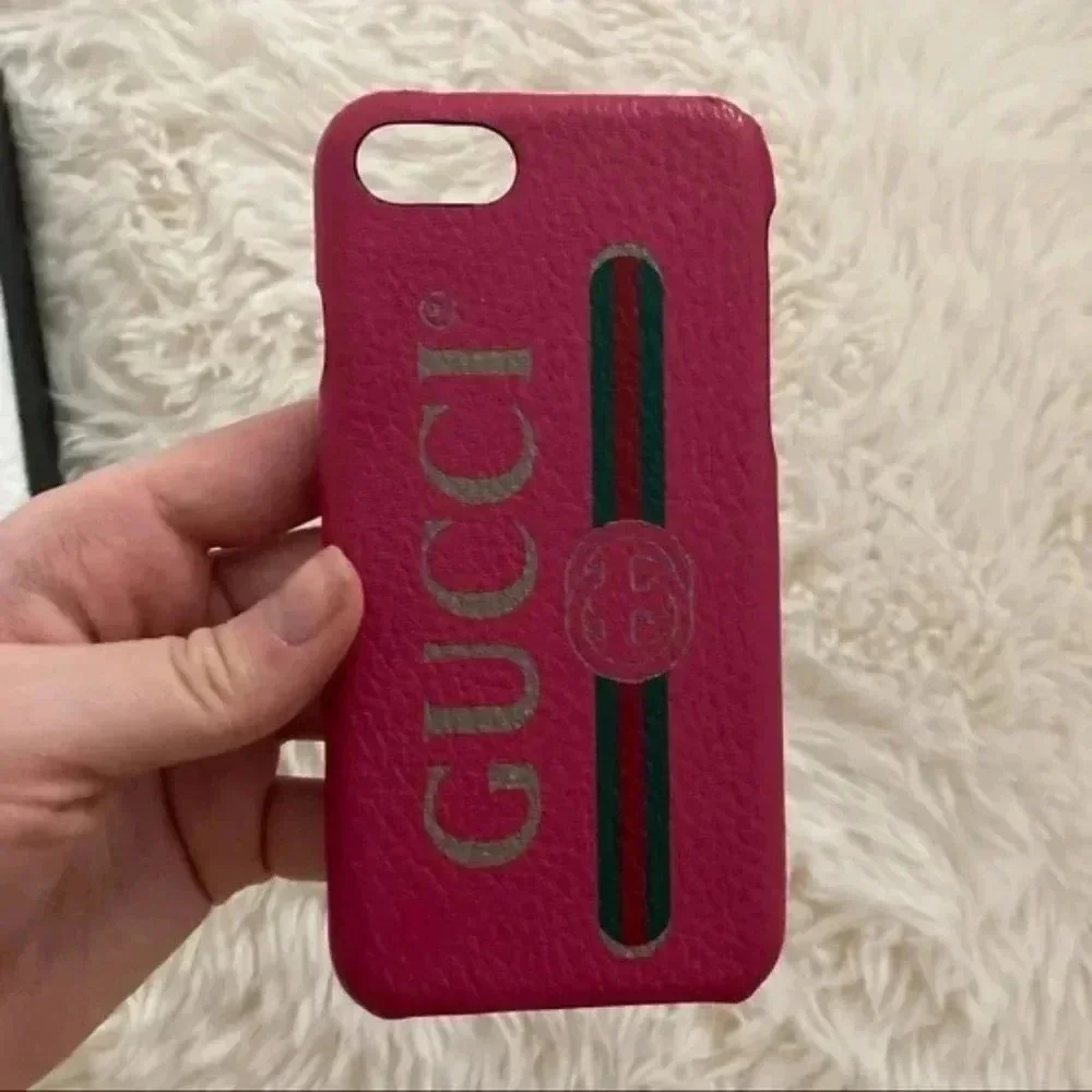 GUCCI Vintage Logo Print IPhone SE/7/8 Leather Pink Phone Case